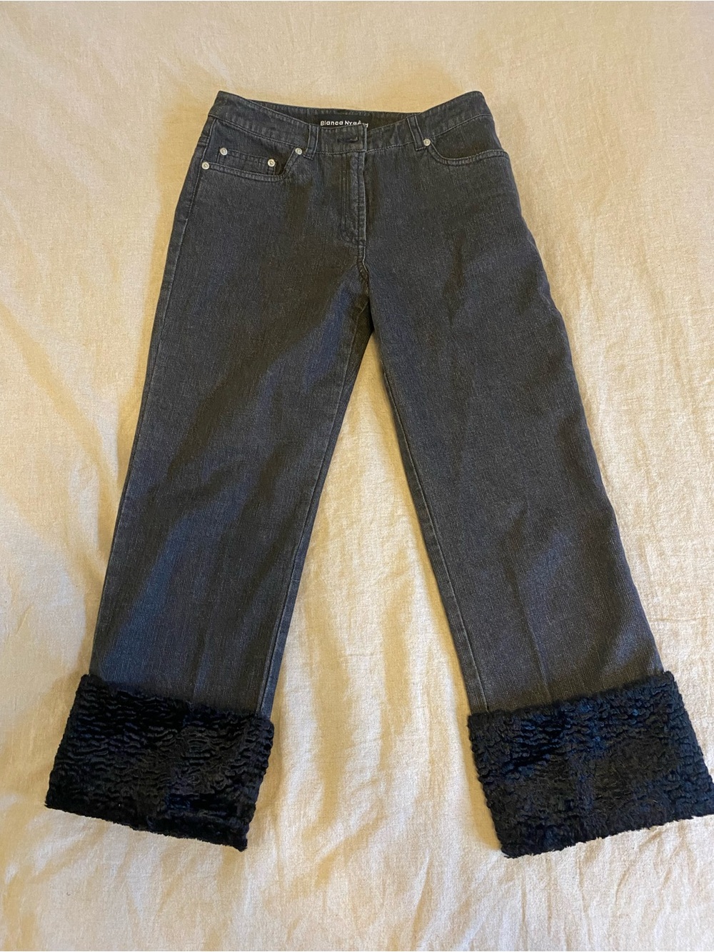 Vintage Y2K Bianca Nygard Faux Fur Cuff Jeans Black Straight Leg High Rise